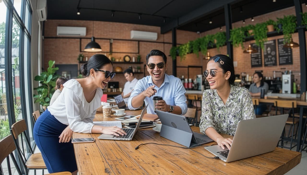 A stylish group gathering in the city surrounded by tall buildings.