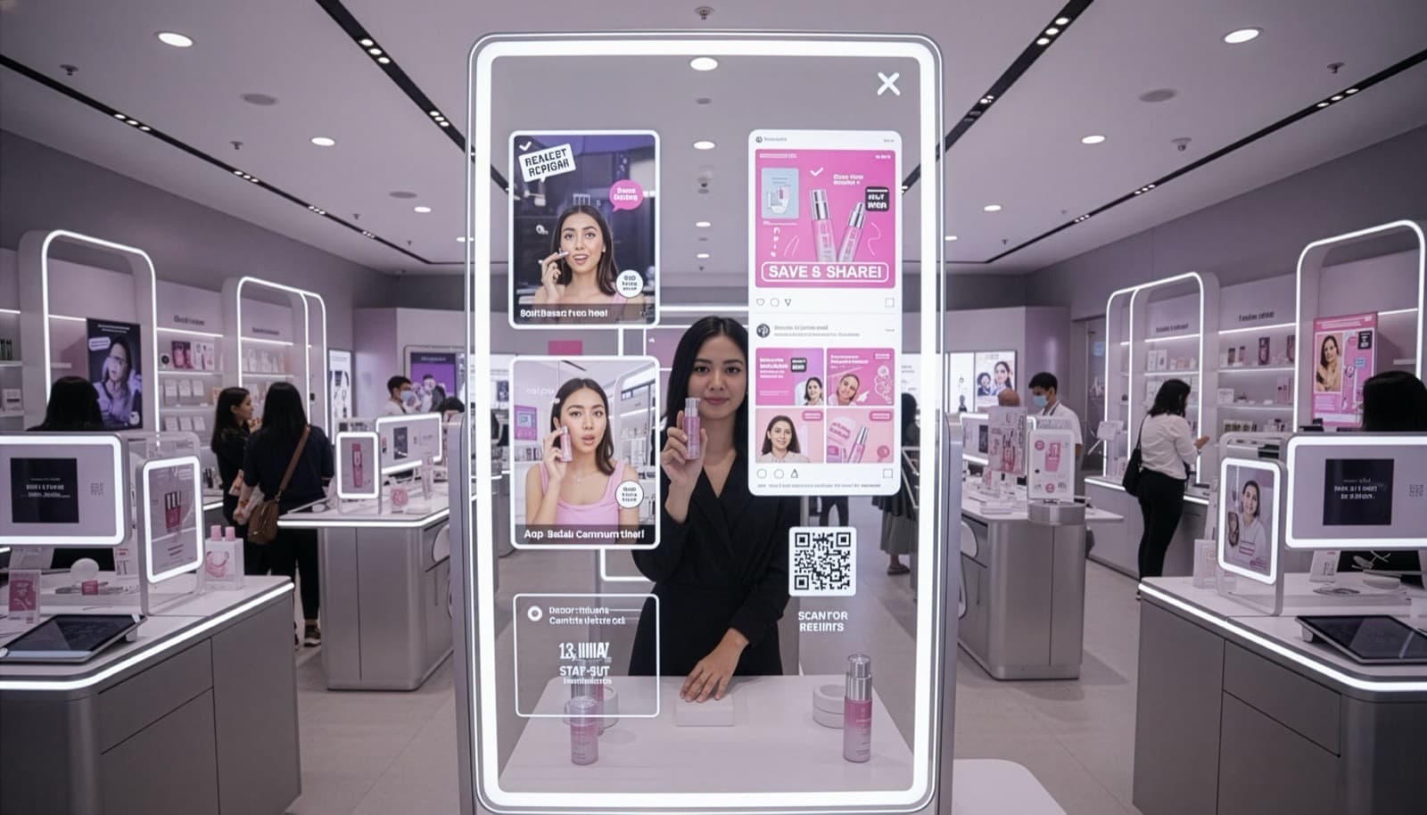 A beauty retail display blending skincare products with social-media-style digital overlays.