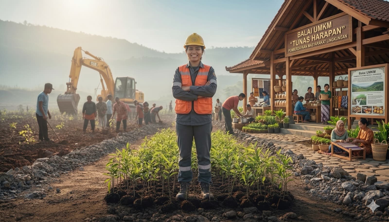A mining site leader standing beside a community empowerment center and land restoration effort.