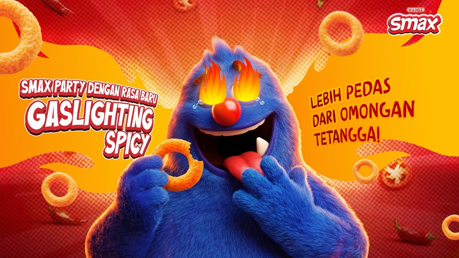 A bold snack campaign visual featuring spicy ring snacks and a playful blue mascot.