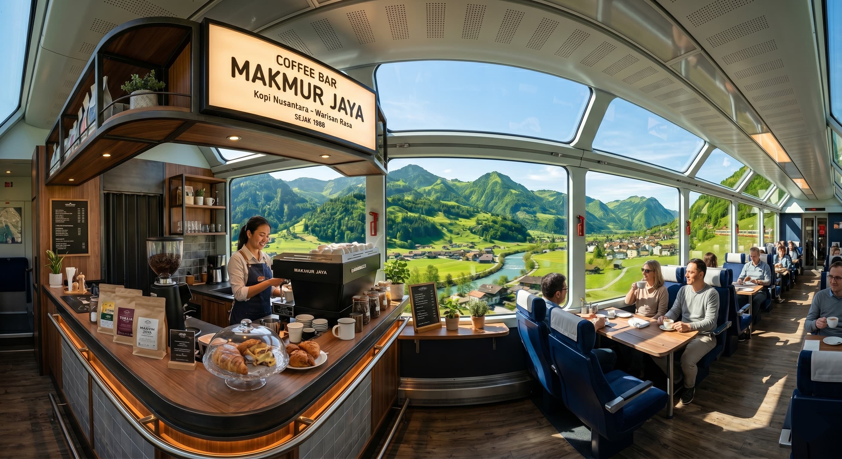 A panoramic train carriage with a coffee bar and scenic mountain views, capturing the appeal of slow travel in Indonesia.