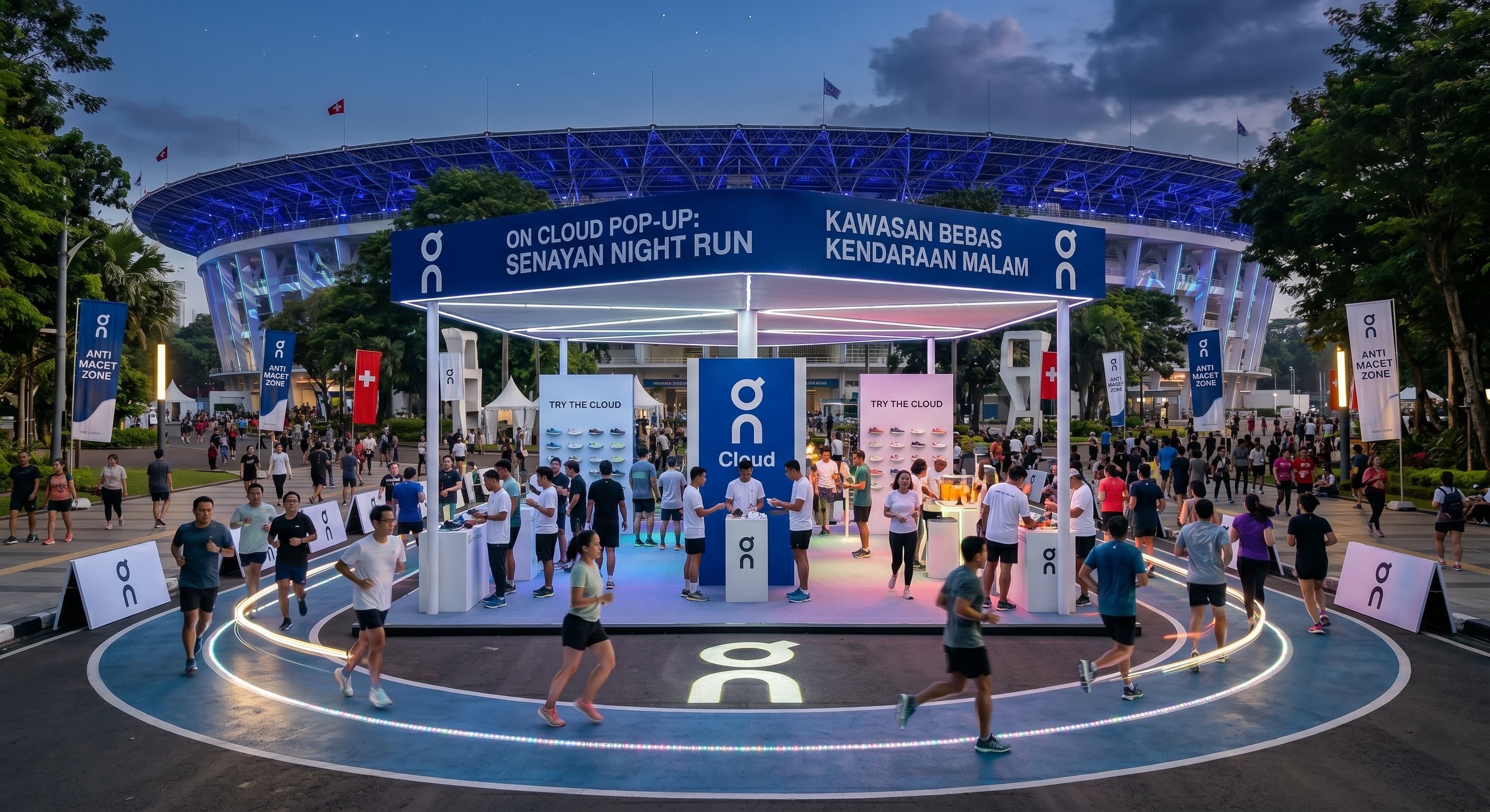 A night-time urban activation and running event beside a stadium, showing a brand pop-up built around car-free city energy.