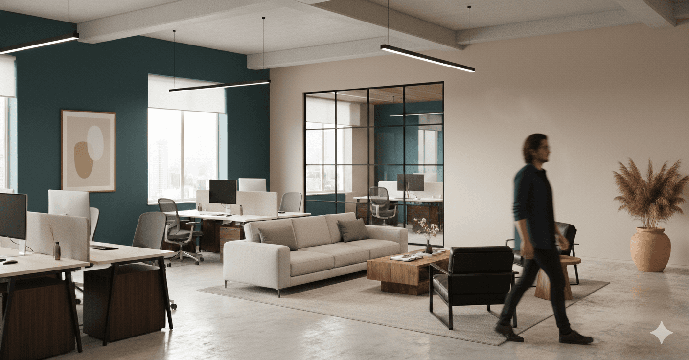 Aesthetic modern office interior with a blurred person walking